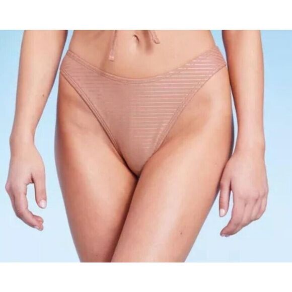 Wild Fable Womens Brown Lurex High Leg Cheeky High Waist Bikini Bottom Large - Picture 1 of 5